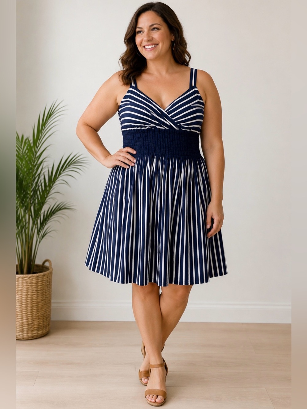 Evan Picone Navy White Stripe Sleeveless Dress Sz 14 Classic Fit & Flare A-Line